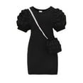 thumbnail image 1 of Odeerbi Toddler Girls Puff Sleeve Bodycorn Dress with Cute Bag Party Mini Knit Dress Lightweight Short Sleeve Round Neck Solid Color Dress Set Toddler Clothes Black, 1 of 7