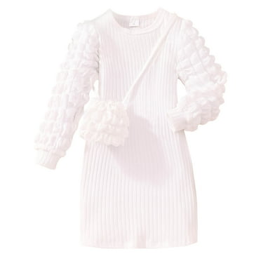 Odeerbi Toddler Girls Puff Sleeve Bodycorn Dress with Cute Bag Spring Fall Party Mini Knit Dress Long Sleeve Ribbed Solid Color Dress with Bag Set Toddler Clothes White
