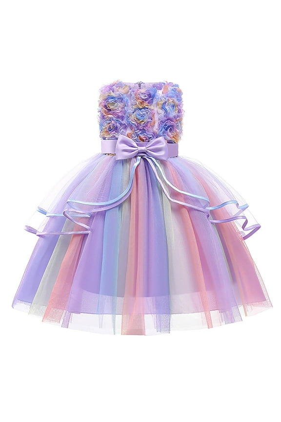 Toddler Girls Rainbow Tulle Princess Dress Bowknot Strapless Tiered Gowns New Pattern Mesh Gauze Evening Dress Formal Dresses Purple