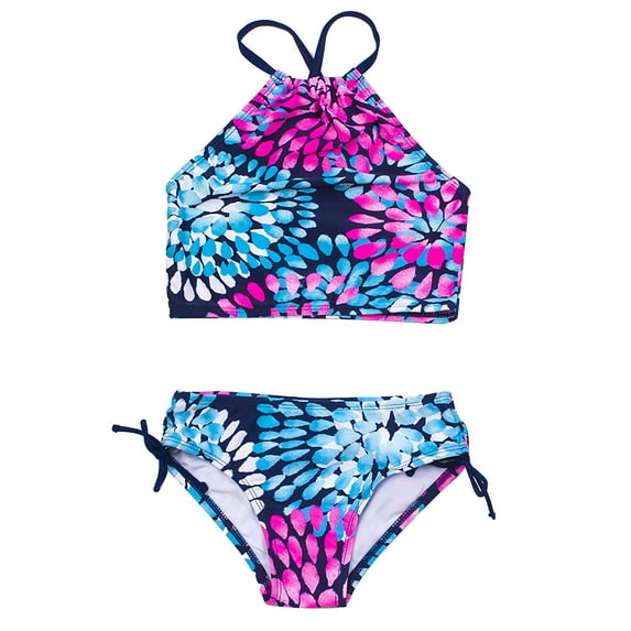 Odeerbi Toddler Girls Ruffle Bikini Sets Floral Two Piece Swimsuit Cute Flowers Print Ruffles Bikini Swimsuit Set Toddler Kids Baby 2025 Fashion Swimwear Navy 3-4 Years