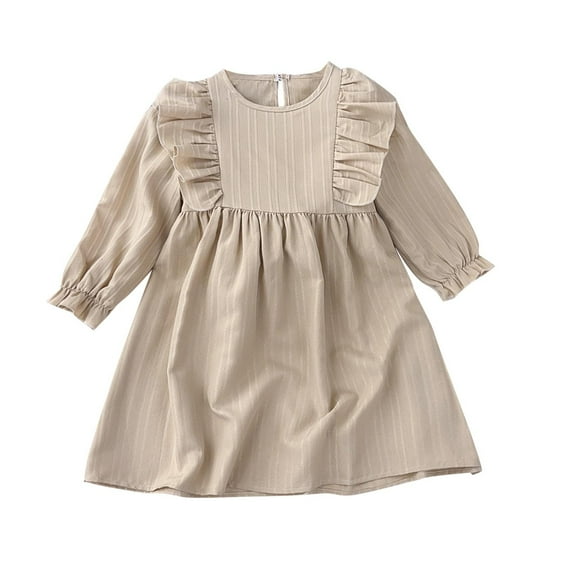 Odeerbi Toddler Girls Ruffle Long Sleeve Cotton Linen Dress Spring Summer Retro Vintage Princess Dresses Solid Color Round Neck Cute Dress Toddler Girls Clothes
