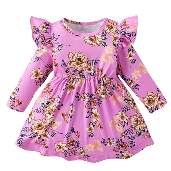 Odeerbi Toddler Girls Ruffle Long Sleeve Floral Dress Fall Winter Smocked Pleated Dress New Flying Sleeve Round Neck Floral Pattern Dress Hot Pink