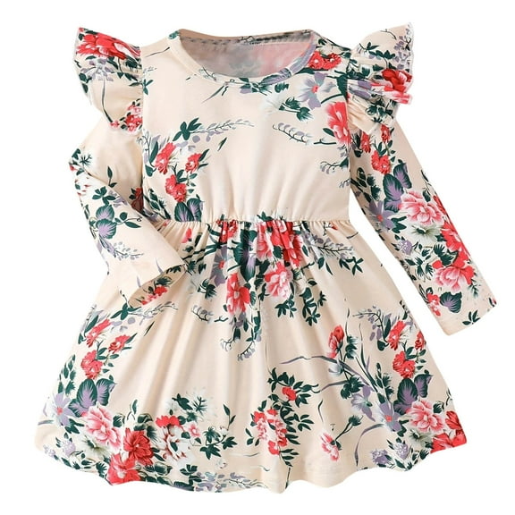 Odeerbi Toddler Girls Ruffle Long Sleeve Floral Dress Fall Winter Smocked Pleated Dress New Flying Sleeve Round Neck Floral Pattern Dress Khaki
