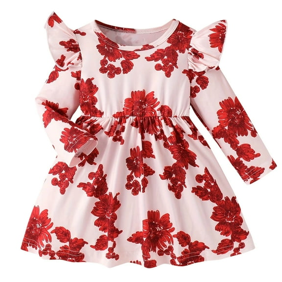Odeerbi Toddler Girls Ruffle Long Sleeve Floral Dress Fall Winter Smocked Pleated Dress New Flying Sleeve Round Neck Floral Pattern Dress Watermelon Red