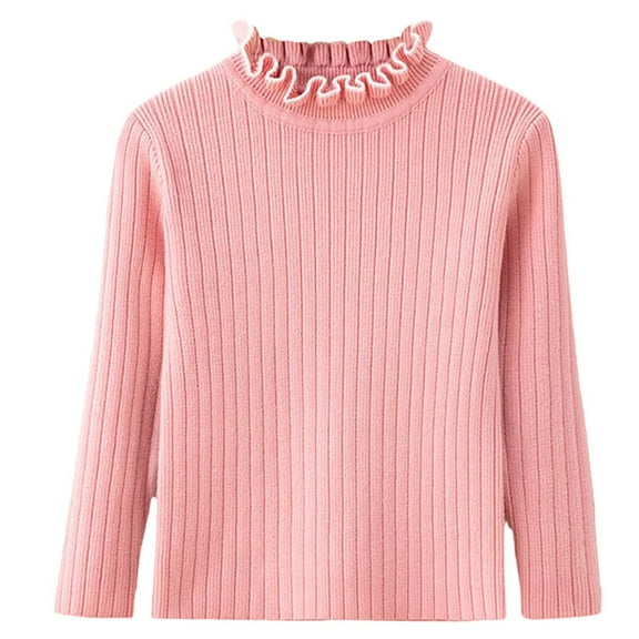 Odeerbi Toddler Girls Ruffle Mock Neck Sweater Children's Fall Winter Flower Collar Knit Pullover Sweater Solid Color Long Sleeve Knit Jumper Tops Pink