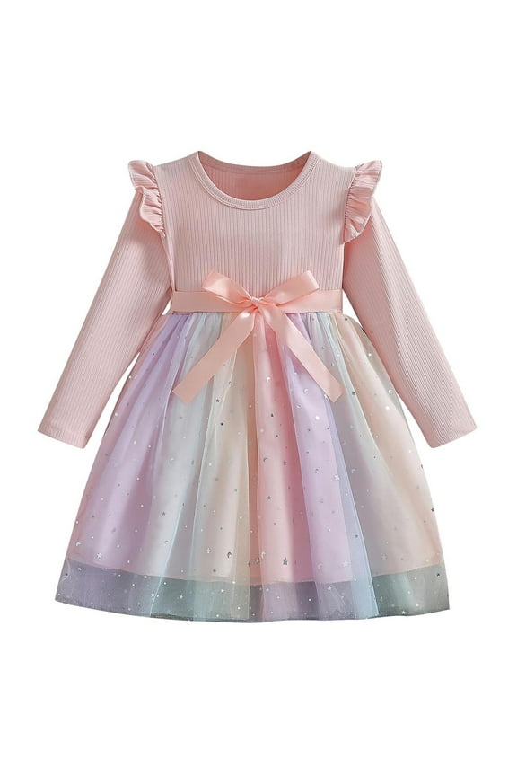 Toddler Girls Sequin Sparkly Rainbow Tulle Dress Spring Fall Long Sleeve Cute Bow Dresses Fashion Round Neck Mesh Splicing Dress Toddler Girls Clothes