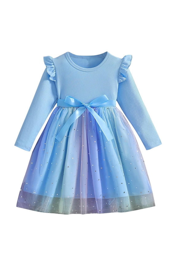 Toddler Girls Sequin Sparkly Rainbow Tulle Dress Spring Fall Long Sleeve Cute Bow Dresses Fashion Round Neck Mesh Splicing Dress Toddler Girls Clothes