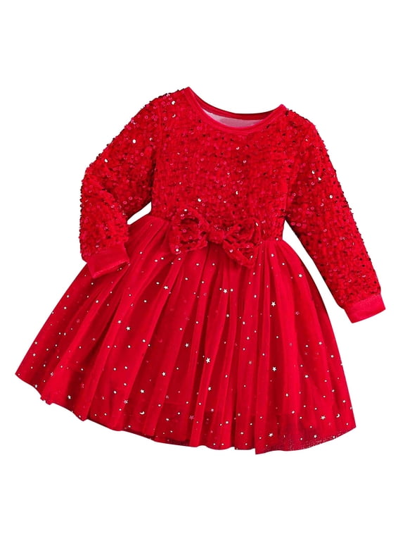 Toddler Girls Sequin Sparkly Tulle Dress Spring Fall Long Sleeve Cute Bow Princess Dresses Kids Solid Color Glitter Bowknot Birthday Dress Toddler Girls Clothes
