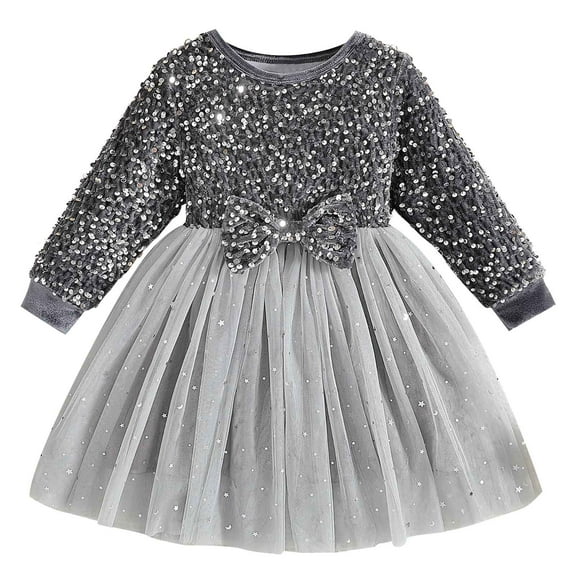 Odeerbi Toddler Girls Sequin Sparkly Tulle Dress Spring Fall Long Sleeve Cute Bow Princess Dresses Kids Solid Color Glitter Bowknot Birthday Dress Toddler Girls Clothes