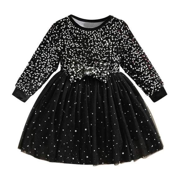 Odeerbi Toddler Girls Sequin Sparkly Tulle Dress Spring Fall Long Sleeve Cute Bow Princess Dresses Kids Solid Color Glitter Bowknot Birthday Dress Toddler Girls Clothes