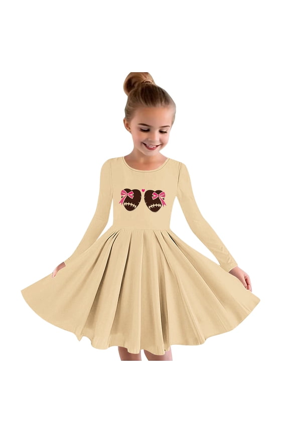 Toddler Girls Skater Twirl A-Line Dress Long Sleeve Pleated Dancing Dress Spring Fall Dress 4-14 Years Kids Sports Ball Printed Princess Dress Toddler Clothes Khaki
