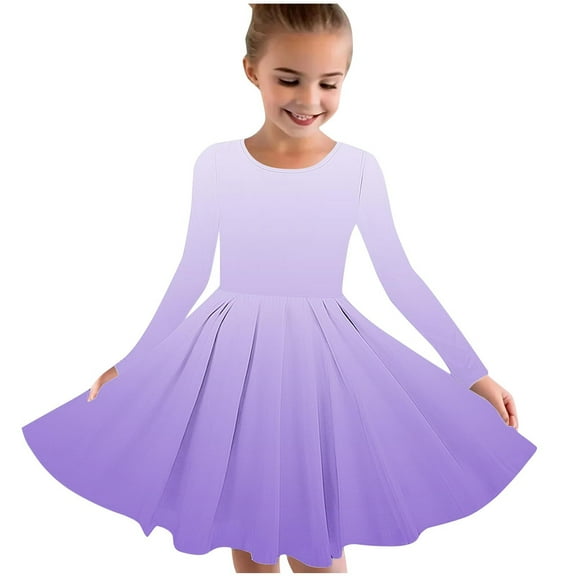 Odeerbi Toddler Girls Skater Twirl A-Line Dress Long Sleeve Pleated Dancing Dress Spring Fall Gradient Dress Stretchy Twirly Skater School Recital Dress Toddler Clothes Purple