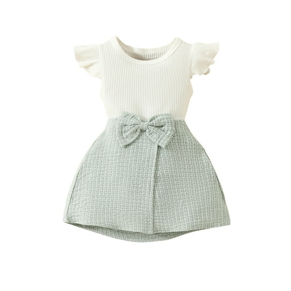 Odeerbi Toddler Girls Skirt Outfits Summer Clothes Infant Cotton Ruffle Cap Sleeve Top with Knot Bow Short Skirt Two Piece Set Green