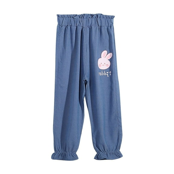Odeerbi Toddler Girls Soft Loose Denim Pants Cartoon Printed Jogger Jeans Spring Summer Children's Basic Casual Print Full Length Jean Pants Dark Blue