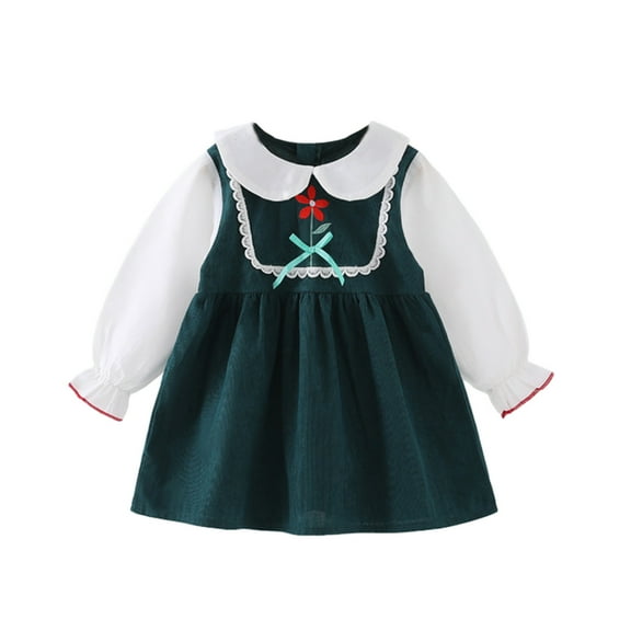 Odeerbi Toddler Girls Spring Fall Dress Vintage Peter Pan Collar Dress 1-6 Years Vintage Long Sleeve Doll Neck Princess Dress Baby Skirt Green