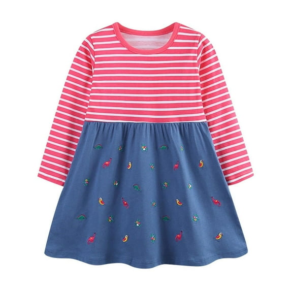 Odeerbi Toddler Girls Spring Fall Long Sleeve Dresses Cute Striped Embroidered Cotton Dress Round Neck Casual Loose Dress Toddler Girls Clothes