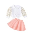 thumbnail image 1 of Odeerbi Toddler Girls Spring Fall Outfits Tulle Sleeve Shirt with Tiered Skirt Set College Style Solid Color V-neck Shirt Pleated Skirt Set Toddler Clothes Pink, 1 of 7
