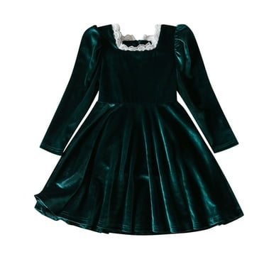 Odeerbi Toddler Girls Spring Fall Princess Dresses New Lace Long Sleeve Ruffled Formal Dresses Round Neck Embroidery Mesh Bow Skirt Green