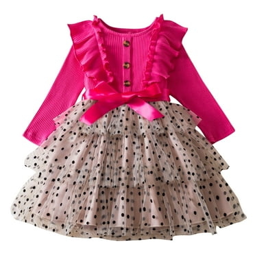 Odeerbi Toddler Girls Spring Fall Princess Dresses New Lace Long Sleeve Ruffled Formal Dresses Round Neck Embroidery Mesh Bow Skirt Hot Pink
