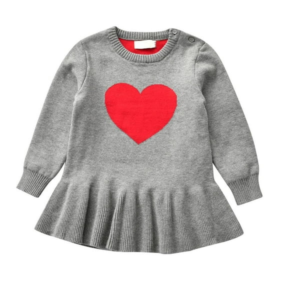 Odeerbi Toddler Girls Spring Fall Sweater Dress Cute Valentine's Day Cotton Knit Dresses Fashion Heart Printed Round Neck Long Sleeve Pleated Dress Toddler Girls Clothes