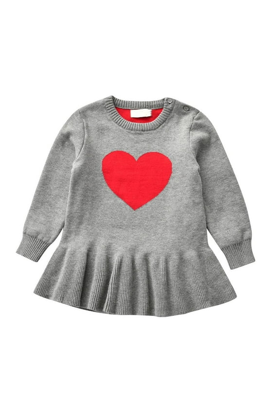 Toddler Girls Spring Fall Sweater Dress Cute Valentine's Day Cotton Knit Dresses Fashion Heart Printed Round Neck Long Sleeve Pleated Dress Toddler Girls Clothes