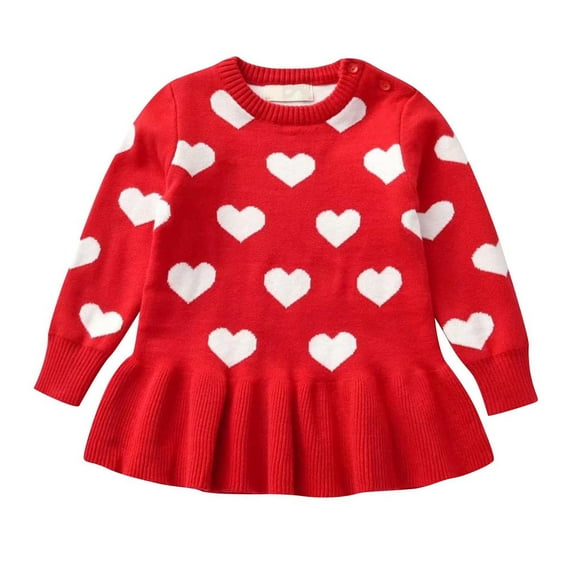 Odeerbi Toddler Girls Spring Fall Sweater Dress Cute Valentine's Day Cotton Knit Dresses Fashion Heart Printed Round Neck Long Sleeve Pleated Dress Toddler Girls Clothes