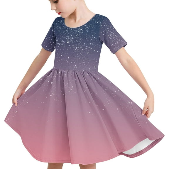 Odeerbi Toddler Girls Summer A-Line Dress Cute Gradient Swing Dress Toddler Kids Short Sleeve Stretchy Dress Toddler Girls Clothes