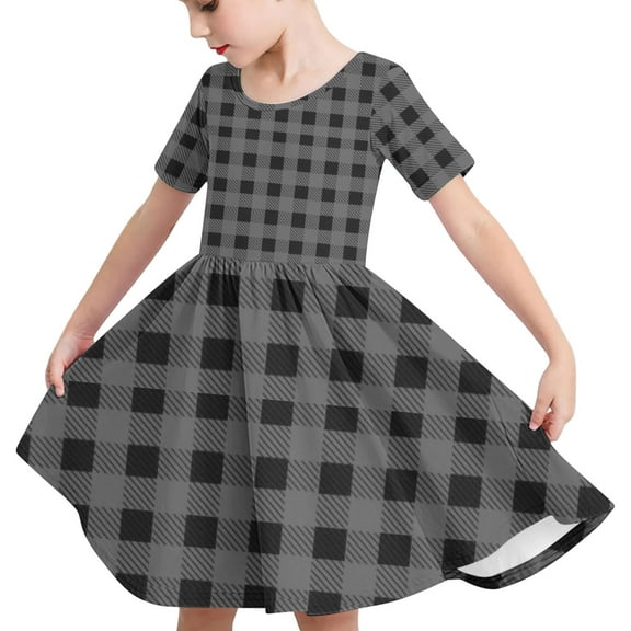 Odeerbi Toddler Girls Summer A-Line Dress Cute Plaid Swing Dress Toddler Kids Short Sleeve Stretchy Dress Toddler Girls Clothes
