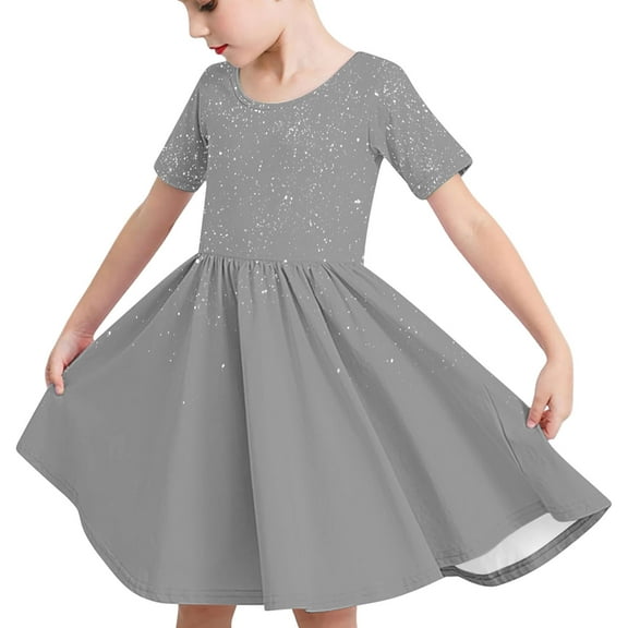 Odeerbi Toddler Girls Summer A-Line Dress Cute Sparkly Swing Dress Toddler Kids Solid Color Short Sleeve Stretchy Dress Toddler Girls Clothes