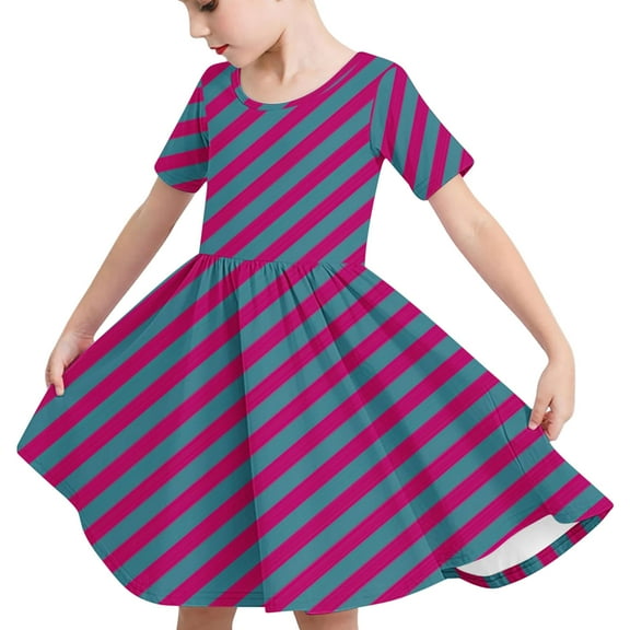 Odeerbi Toddler Girls Summer A-Line Dress Cute Striped Swing Dress Toddler Kids Short Sleeve Stretchy Dress Toddler Girls Clothes