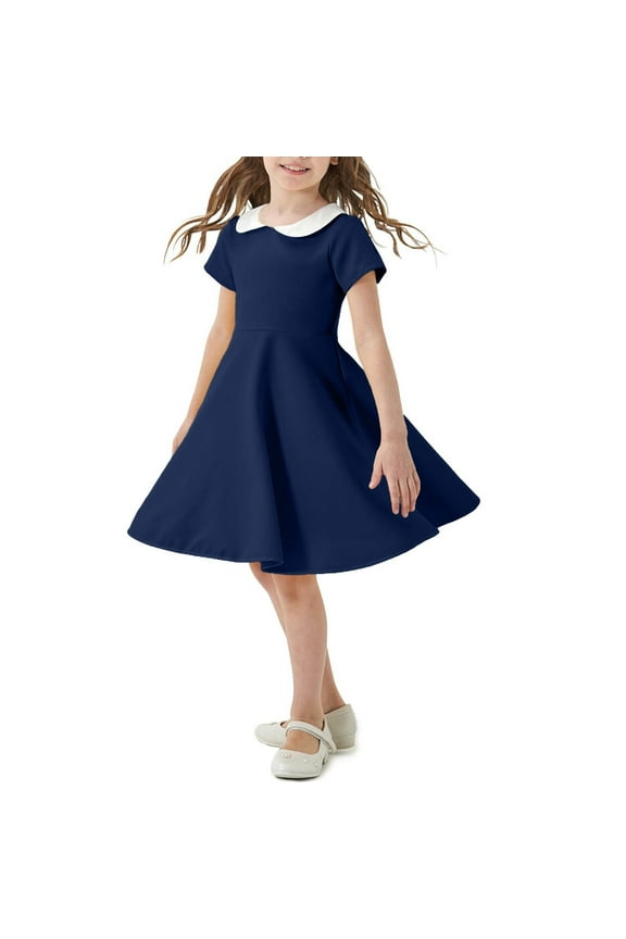 Toddler Girls Summer A-Line Dress Peter Pan Collar Cute Flared Swing Dress Solid Color Short Sleeve Casual Dress Toddler Girls Clothes