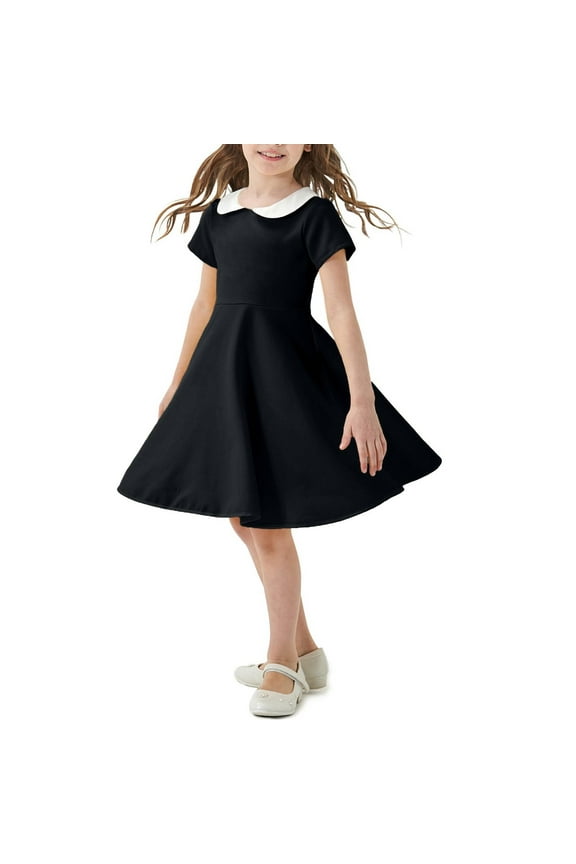 Toddler Girls Summer A-Line Dress Peter Pan Collar Cute Flared Swing Dress Solid Color Short Sleeve Casual Dress Toddler Girls Clothes