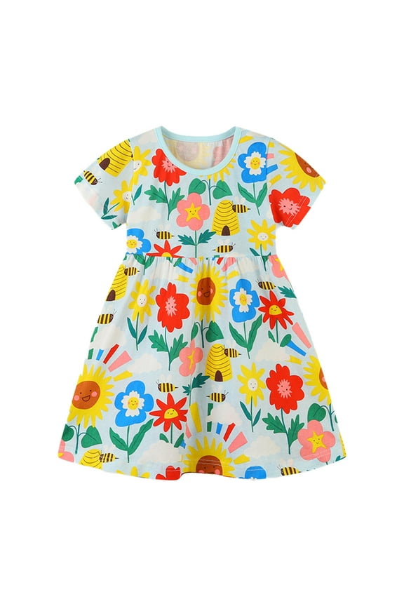 Toddler Girls Summer Cartoon Print Cotton Dress Short Sleeve Floral Dress Fashion New Pleated A Line Dress Round Neck Printed Dress Red