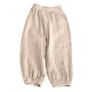Odeerbi Toddler Girls Summer Cotton Linen Knickers Renaissance Pants Cute Sweet Elasticity Flared Pants Trousers Toddler Kids Baby 2025 Fashion Pants Leggings Beige 4-5 Years