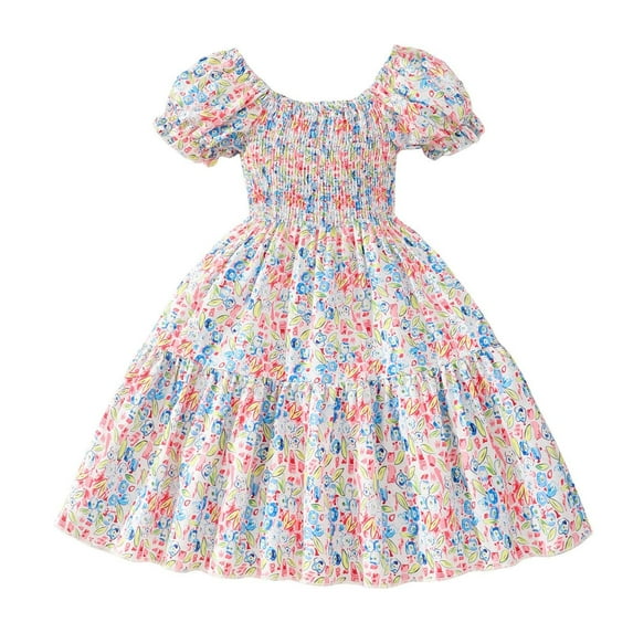 Odeerbi Toddler Girls Summer Floral Dress Puff Short Sleeve Pleated Tiered Dress A-Line Dress Little Girls Fresh Style Printed Dress Toddler Clothes Multicolor