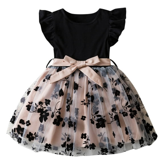 Odeerbi Toddler Girls Summer Floral Tulle Dresses Vintage Ruffle Sleeve Bow Princess Dress Sleeveless Round Neck Embroidery Mesh Dress Toddler Girls Clothes
