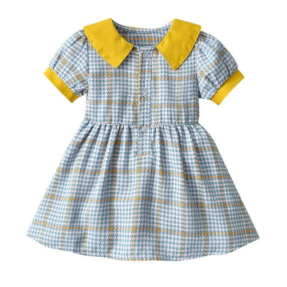Odeerbi Toddler Girls Summer Plaid Princess Dress Cute Point Collar Cotton Dress Lapel Short Sleeve Dress Toddler Girls Clothes