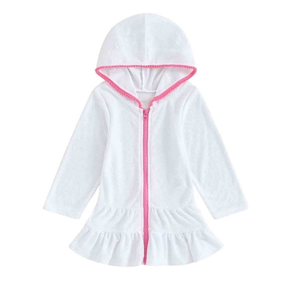 Odeerbi Toddler Girls Swimsuit Cover Up Hooded Bikini Coverups Fashion Solid Color Zipper Cover Up Dress Long Robe Long Sleeve Beach Skirt Toddler Clothes White