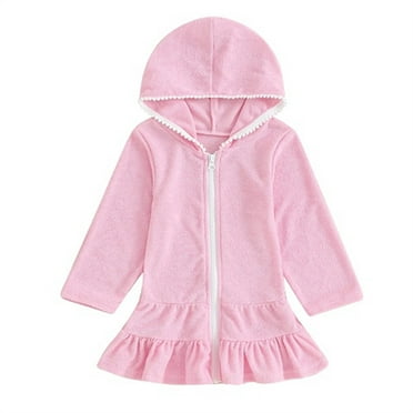 Odeerbi Toddler Girls Swimsuit Cover Up Hooded Bikini Coverups Fashion Solid Color Zipper Cover Up Dress Long Robe Long Sleeve Beach Skirt Toddler Clothes Pink