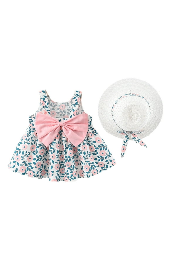 Toddler Girls Tank Dress Floral Sun Dress 0-3 Years Summer Dress Print Strawberry Sleeveless Dress with Hat Set Pink