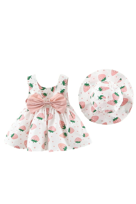 Toddler Girls Tank Dress Floral Sun Dress 0-3 Years Summer Dress Print Strawberry Sleeveless Dress with Hat Set Pink