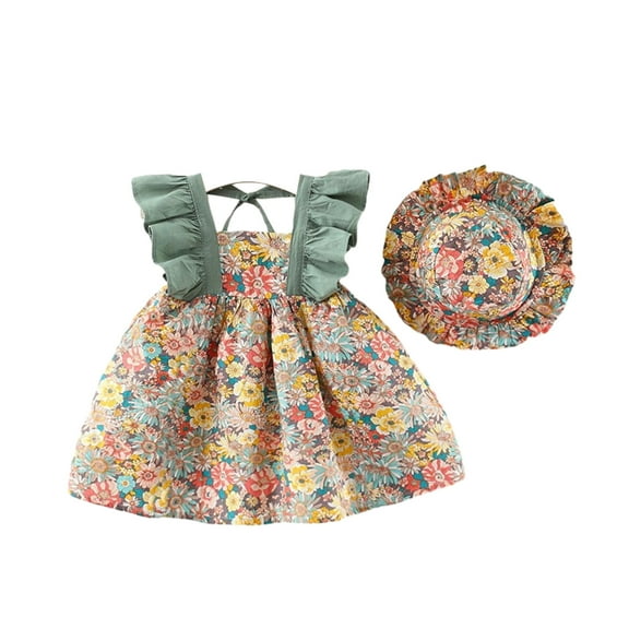 Odeerbi Toddler Girls Tank Dress Floral Sun Dress 0-3 Years Summer Dress Ruffle Cap Sleeve Printed Skirt Princess Dress Green