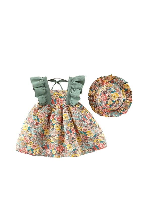 Toddler Girls Tank Dress Floral Sun Dress 0-3 Years Summer Dress Ruffle Cap Sleeve Printed Skirt Princess Dress Green