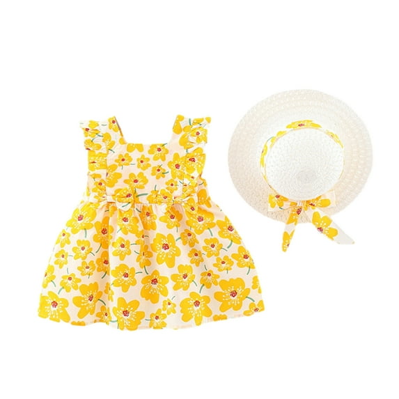 Odeerbi Toddler Girls Tank Dress Floral Sun Dress 0-3 Years Summer Sleeveless Dress Printed Ruffle Cap Sleeves Two Bow Princess Dress Yellow