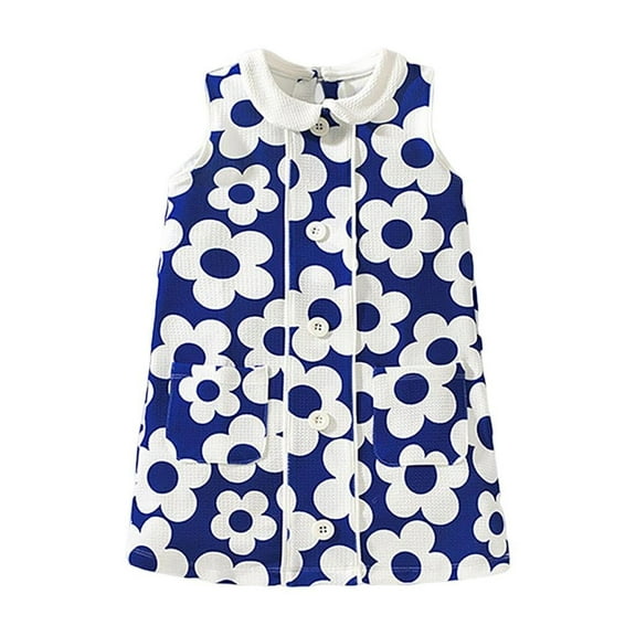 Odeerbi Toddler Girls Tank Dress Floral Sun Dress Children Princess Dresses Printed Loose Casual Dresses 2-7 Years Blue