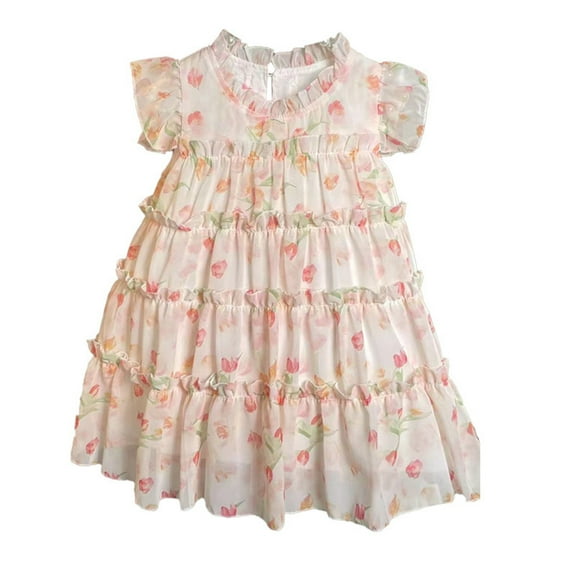Odeerbi Toddler Girls Tiered Dress Tulle Floral Dress Children's Floral Sleeveless Princess Dress 1-6 Years Pink