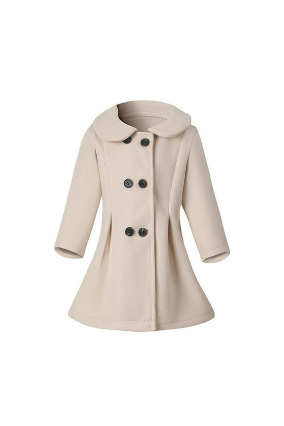 Toddler Girls Trench Coat Peter Pan Collar Double-breasted Woolen Overcoat Solid Color Winter Casual Thermal Coat Long Sleeve Wool Coat Long Sleeve Hoodless Casual Outwear Beige