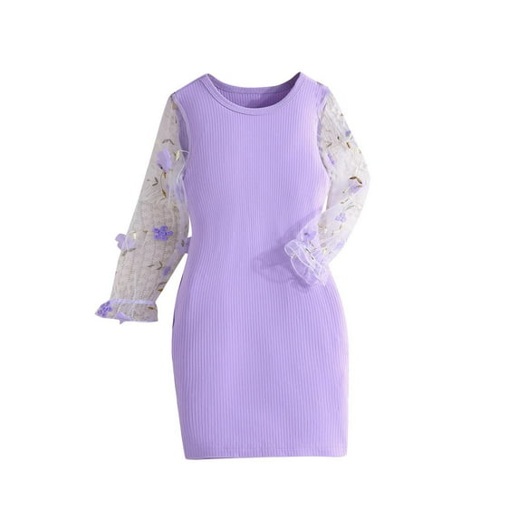 Odeerbi Toddler Girls Tulle Patchwork Long Sleeve Bodycorn Dress Sweater Dress Fall Winter Knitted Cotton Dress Kids Printed Dress Knitted Long Skirt Toddler Clothes Purple