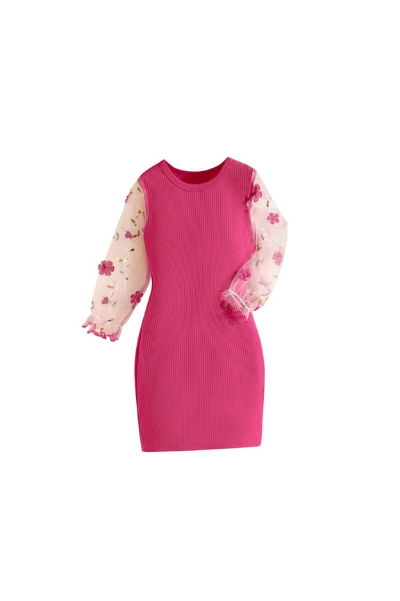 Toddler Girls Tulle Patchwork Long Sleeve Bodycorn Dress Sweater Dress Fall Winter Knitted Cotton Dress Kids Printed Dress Knitted Long Skirt Toddler Clothes Hot Pink