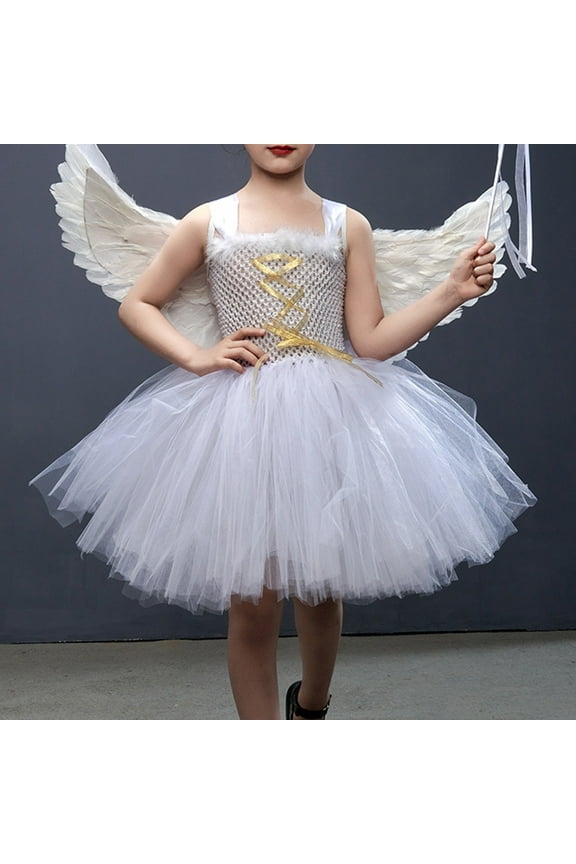 Toddler Girls Tulle Tutu Dress Party Performance Gowns 2-12 Years Children's White Angel Dresses Stage Performance Walking Gowns Princess Cotton Dress Set White